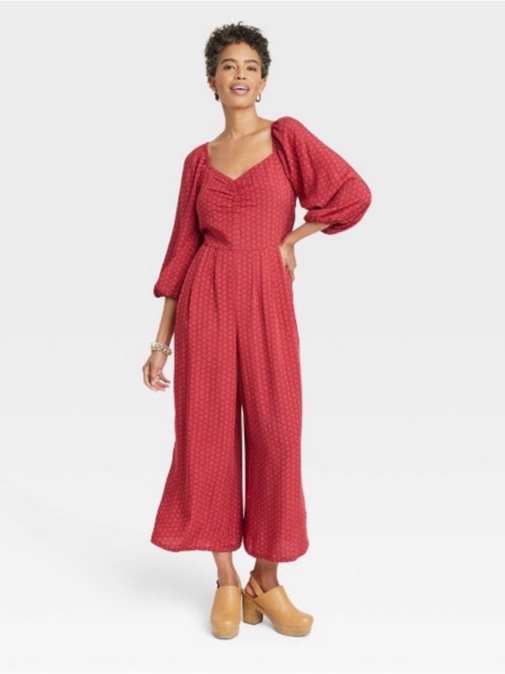 Knox Rose Red Pink Print Puff Sleeve Jumpsuit Size XL